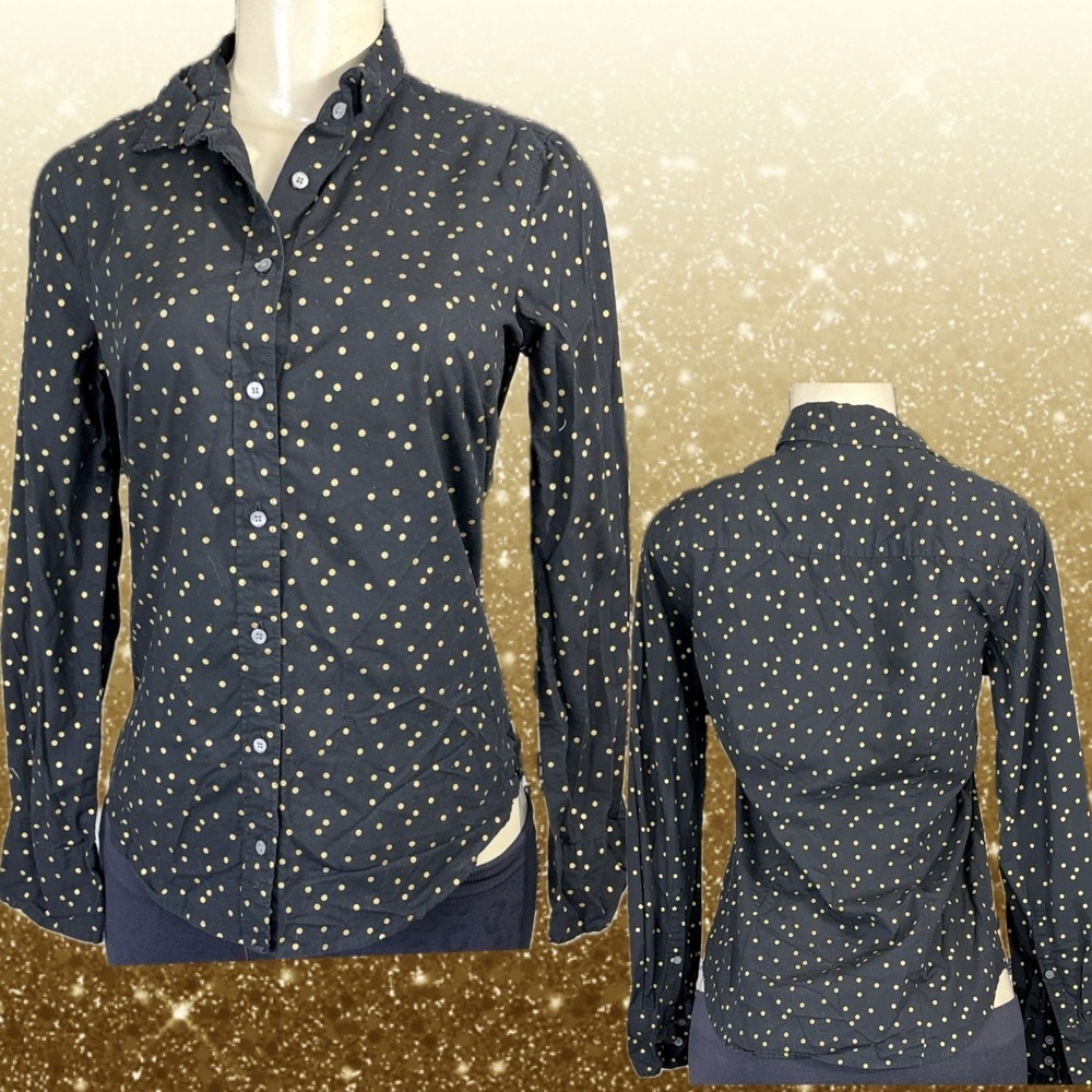 J.Crew Shirt 2 Black Gold Metallic Polka Dot Button Down Cotton Long Sleeve